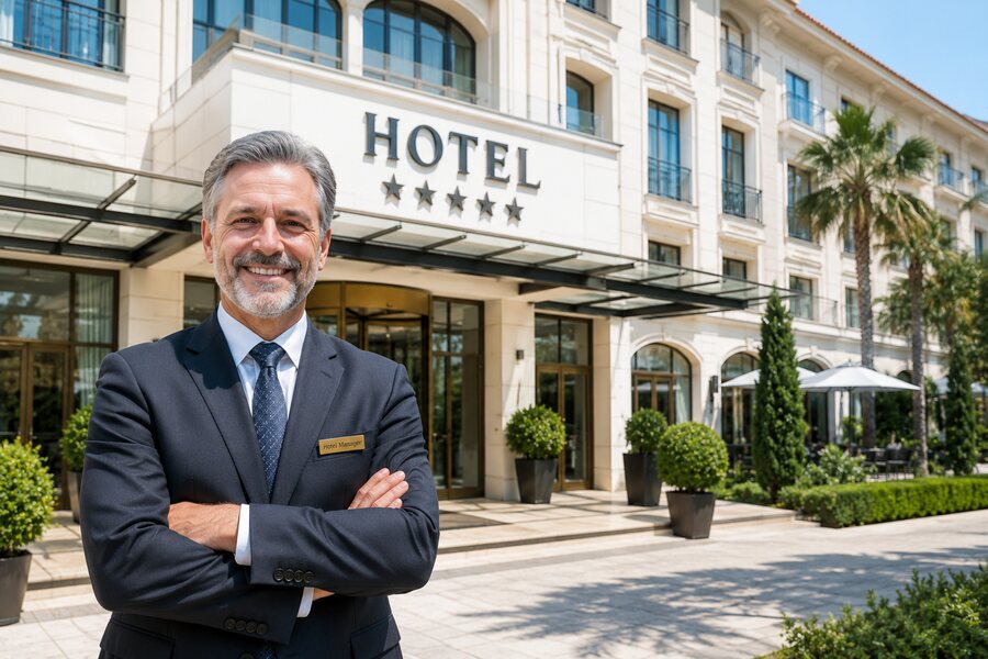 Hotelmanager vor einem Hotel