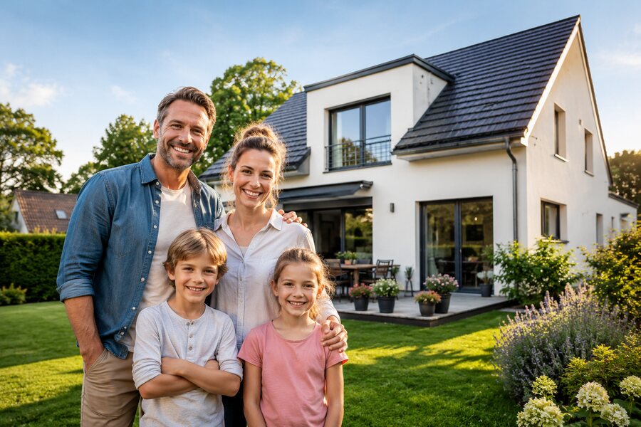 Familie vor einem Einfamilienhaus