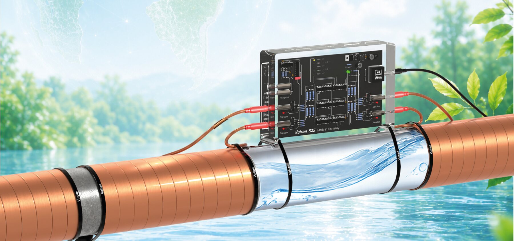 Vulcan Anti-Scale System an einer Kupferleitung über Wasser